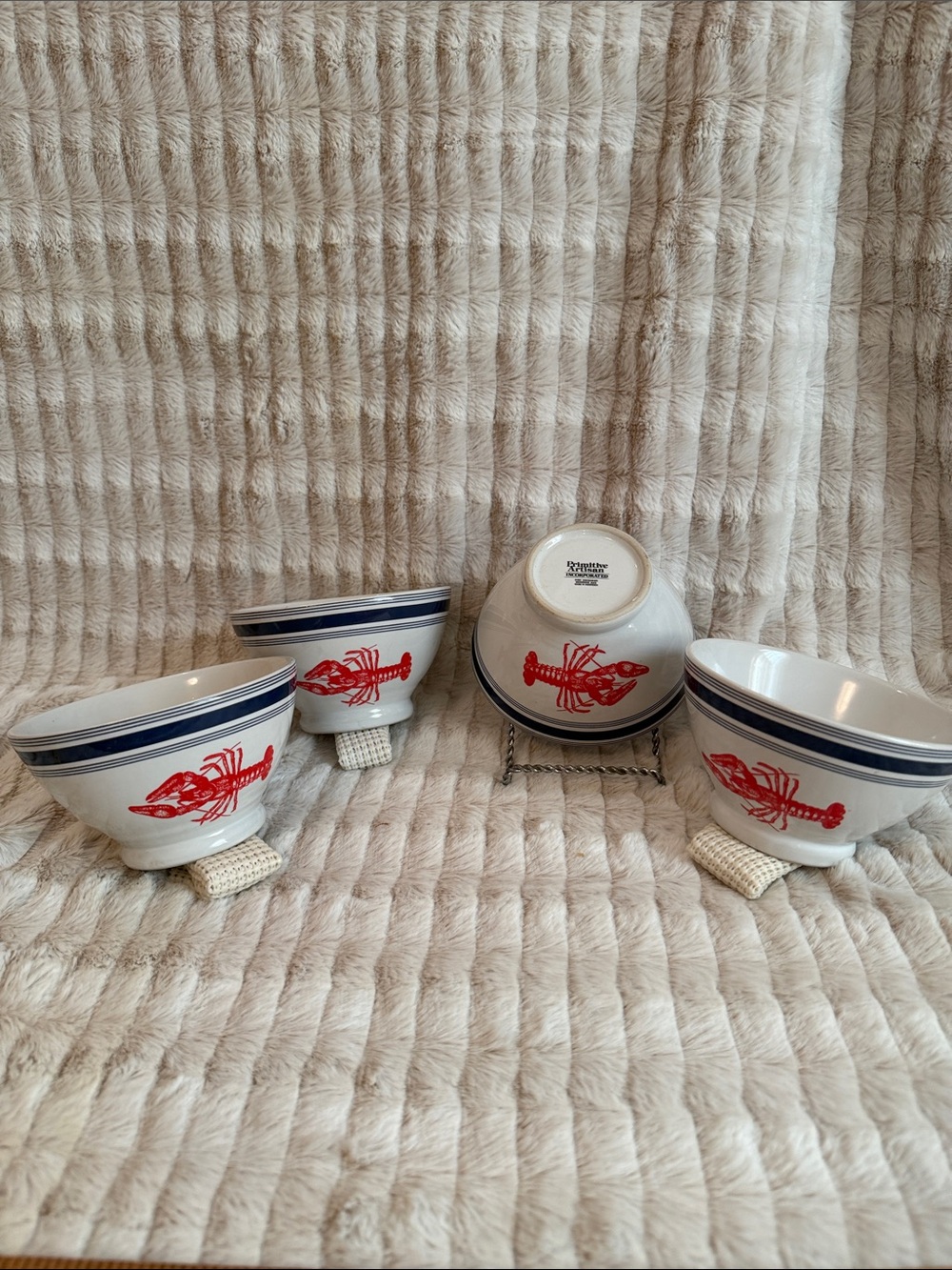 Vintage Primitive Artisan Red Lobster Navy Stripe Ceramic Bowl - set of 4